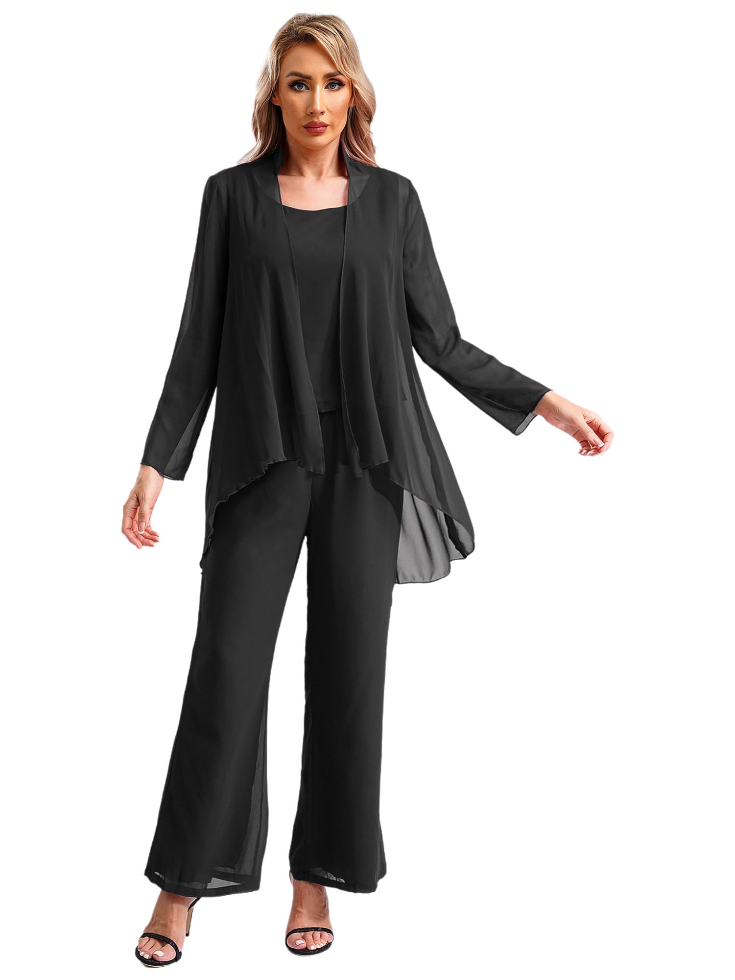 IEFIEL Conjunto de Fiesta Elegante de 3 Piezas para Mujer Camisola Chaleco de Gasa Suelto con Encaje y Pantalones Rectos y Cárdigan Traje de Verano Talla Grande S-5XL