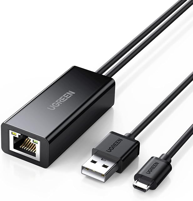 UGREEN USB Ethernet Adapter for Cast Dongle and TV Stick, Google Home Mini, USB to RJ45 Lan Network Adaptor with Micro USB Connector, and USB 2.0 Power Cable for Power Supply