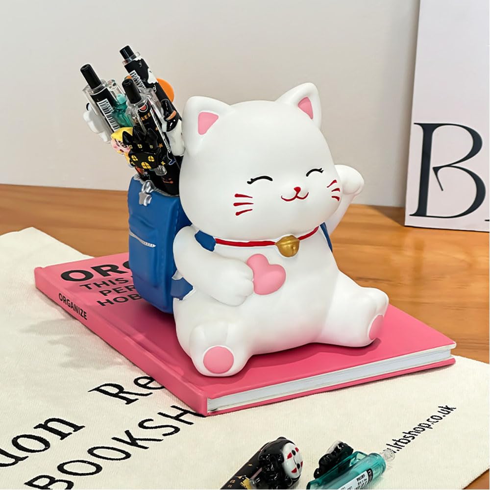 Hosoncovy Cartoon Cat Makeup Brush Organizer Pot Makeup Brush Holder Pen Pot Pencil Holder Organizer for Desk (with Blue Backpack)