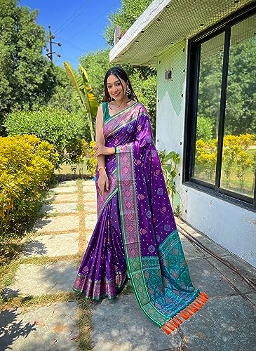 Image of Panzora Women's Patola Silk Meenakari Work Saree With Unstitched Blouse Piece