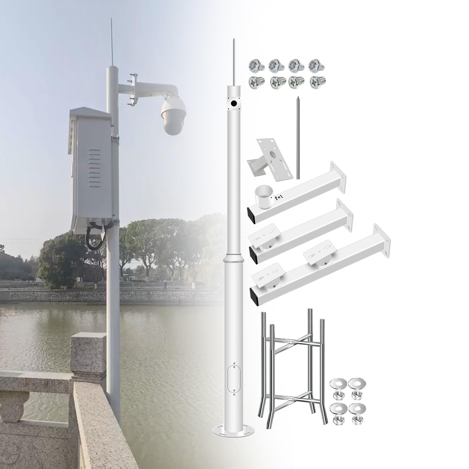 MRVAKDYDI Weatherproof Steel Surveillance Post, Security Camera Pole Kit White 200-600cm for PTZ CCTV Dome Street Light(250cm High)