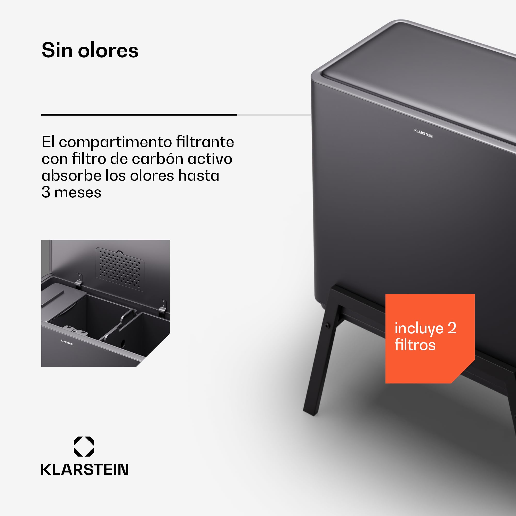 KLARSTEIN Yuma Cubo de basura cocina - 44L con 3 compartimentos, cubo de compost y filtro de olores, con filtro de carbón, acero inoxidable, patas elegantes, reciclaje fácil, negro