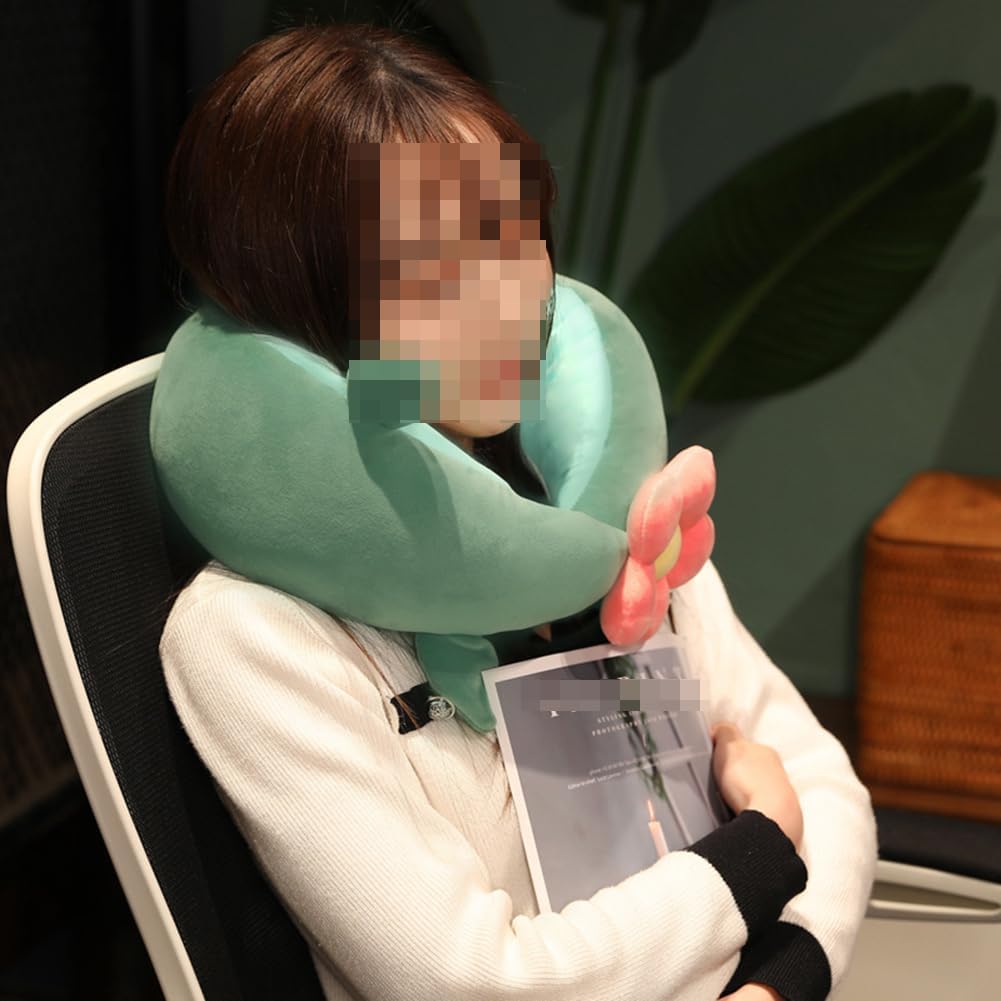 Cute Flower U Shaped Pillow Cotton Plush Travel U Neck Pillow Office Nap Head Cushion for Car, Airplane (Pink Flower B, 30×28CM/11.8"×11.02")