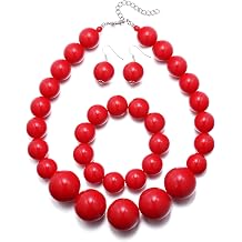 Boho White/Red Beaded Chunky Necklace, Costume Jewellery for Women Beads Strand Statement Necklaces Bracelet Earrings Jewellery for Halloween Cosplay Party Prom