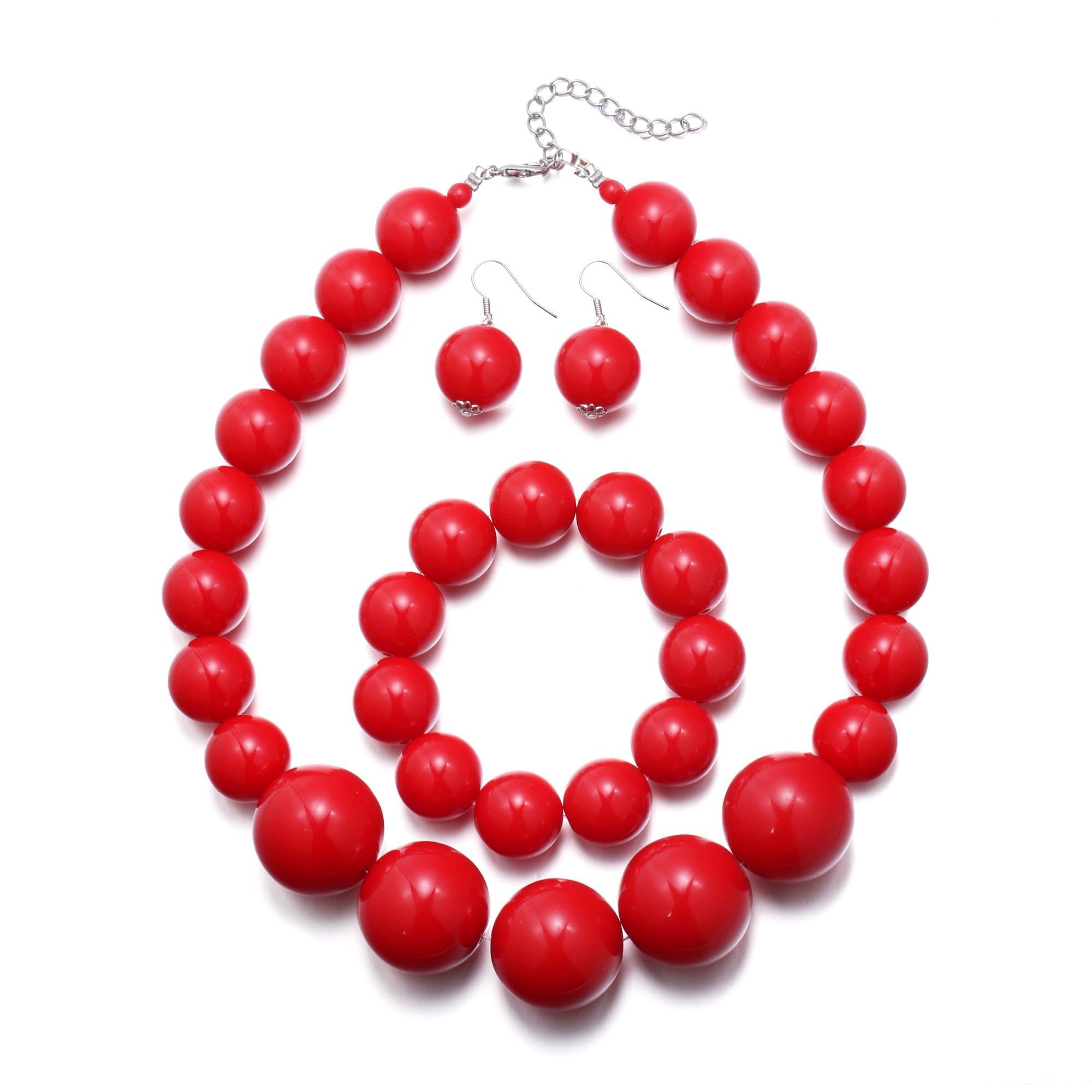 Chunky Large Beads Strand Necklace for Prom, Resin Beaded Boho Bib Statement Choker Necklaces Hook Dangle Earrings Stretch Bracelet 1920s Costume Jewelry for Women