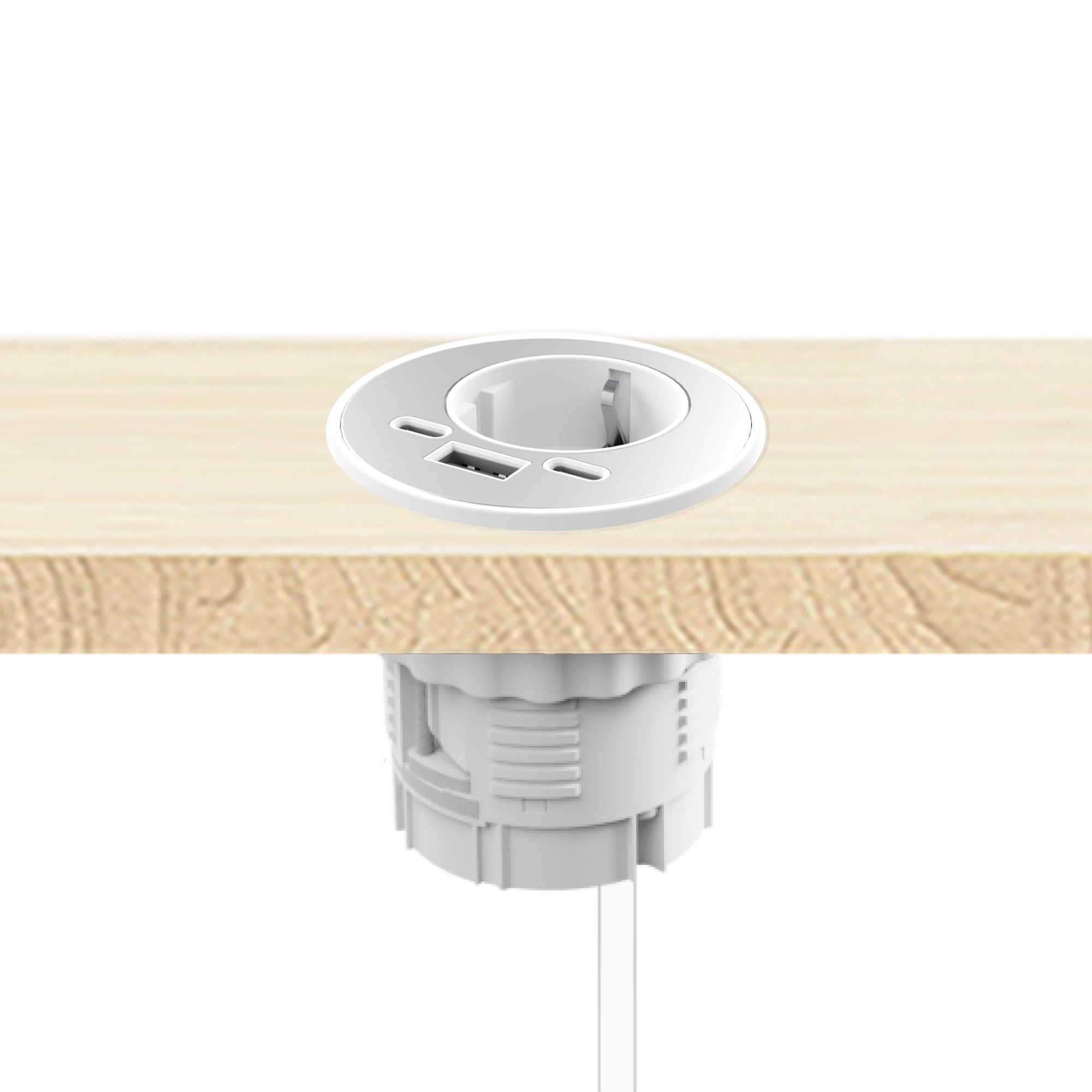 kalb | Energon Multiport-Einbausteckdose rund, 1-fach Steckdose 230V 16A mit Kabel und EU-Schutzkontaktstecker für Möbel, 58mm Einbau, weiß, USB-A Port und USB-C Port