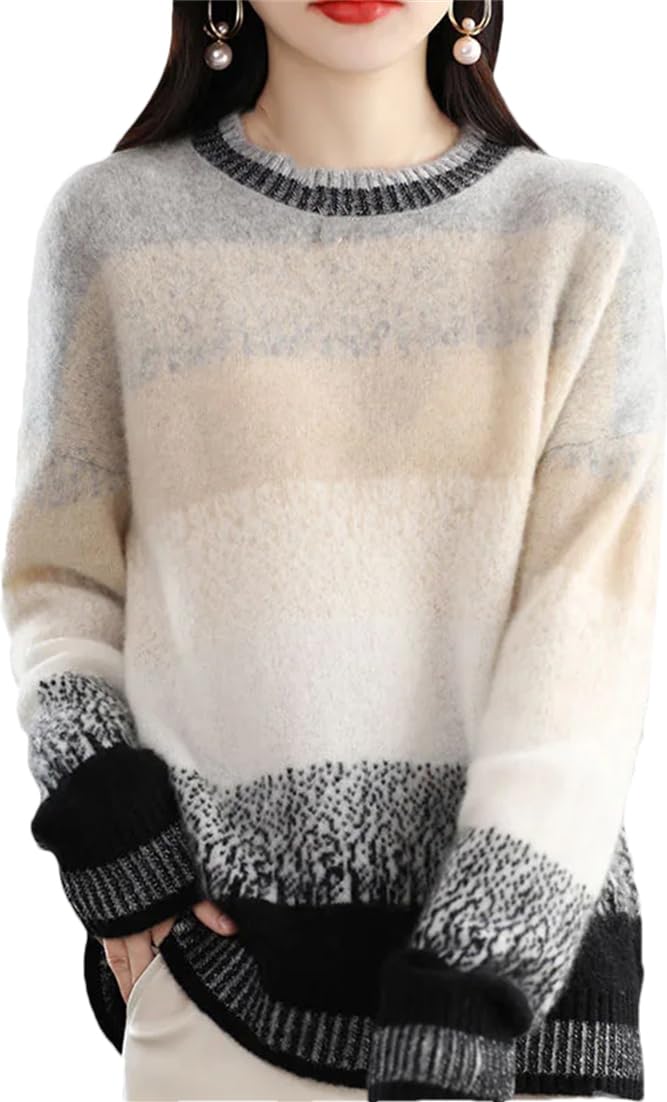 Maglione da Donna in Lana di Cashmere Tinta Unita, Maglione con Scollo A O, Top Casual con Blocchi di Colore Sfumati