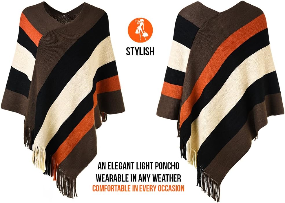 Ferand Women's Striped Poncho Sweater Cozy Knit Fringe Shawl Wraps for Fall Winter - Image 3