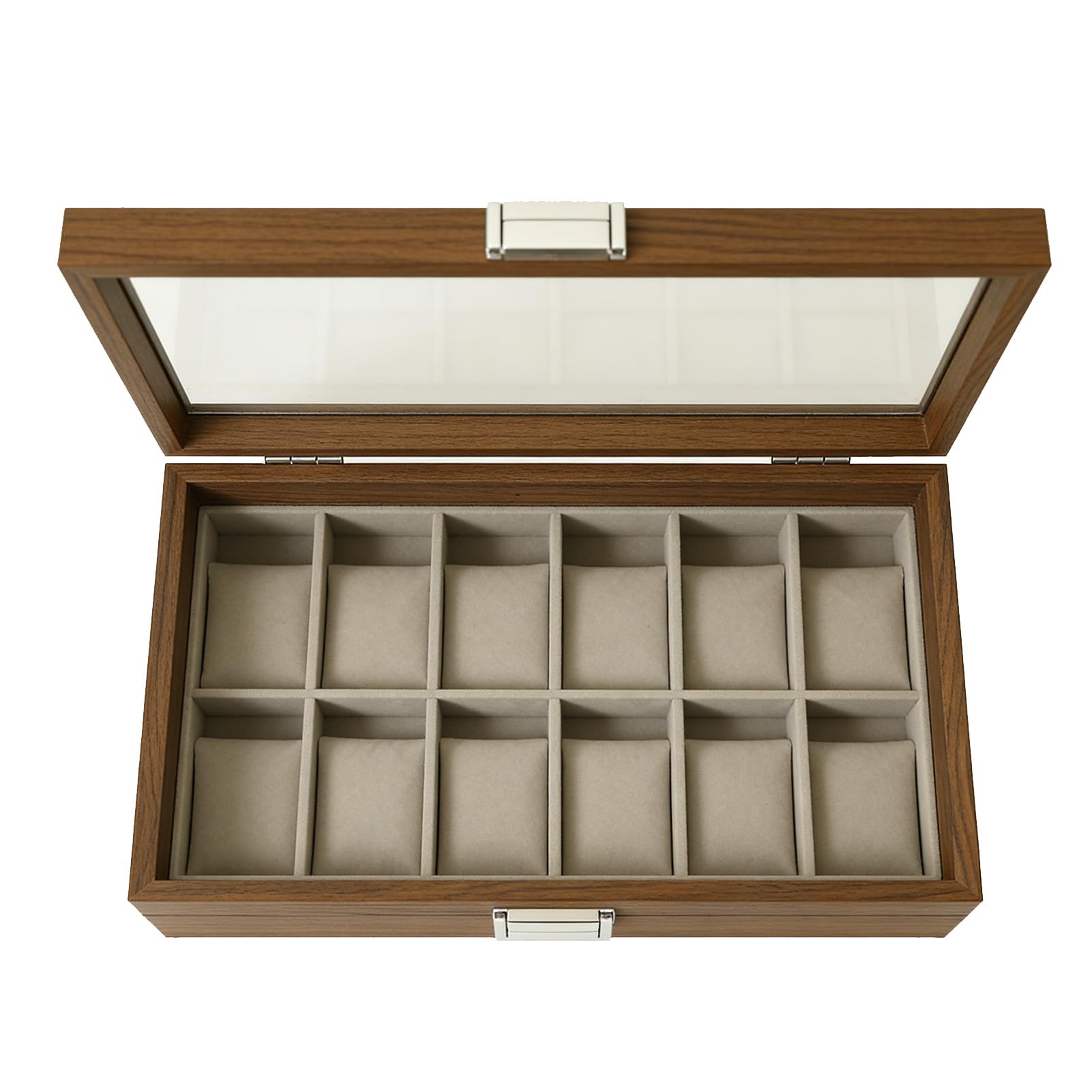 Scatola per Orologi con Grana di Noce a 12 Scomparti, Vetrina per Orologi con Coperchio in Vetro, Organizer Porta a Prova di Polvere con Chiusura Robusta, Ideale per la Maggior Parte degli