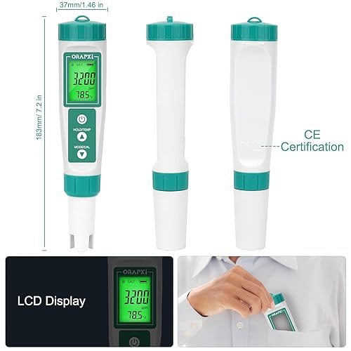 Vista 12 de Medidor de pH para piscina y probador de salinidad 6 en 1 pH de salinidad ORP TDS EC y probador de temperatura pH y medidor de sal Kit de prueba