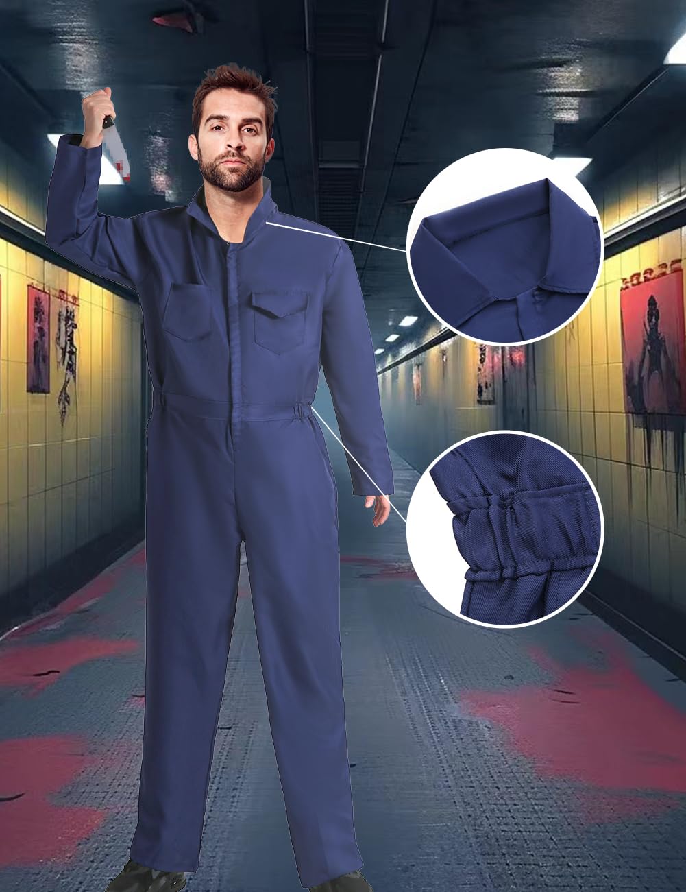 Halloween Navy Blue Coveralls Jumpsuit,Horror Killer Navy Cosplay Costume for Men, Includes Mask and Toy Knife