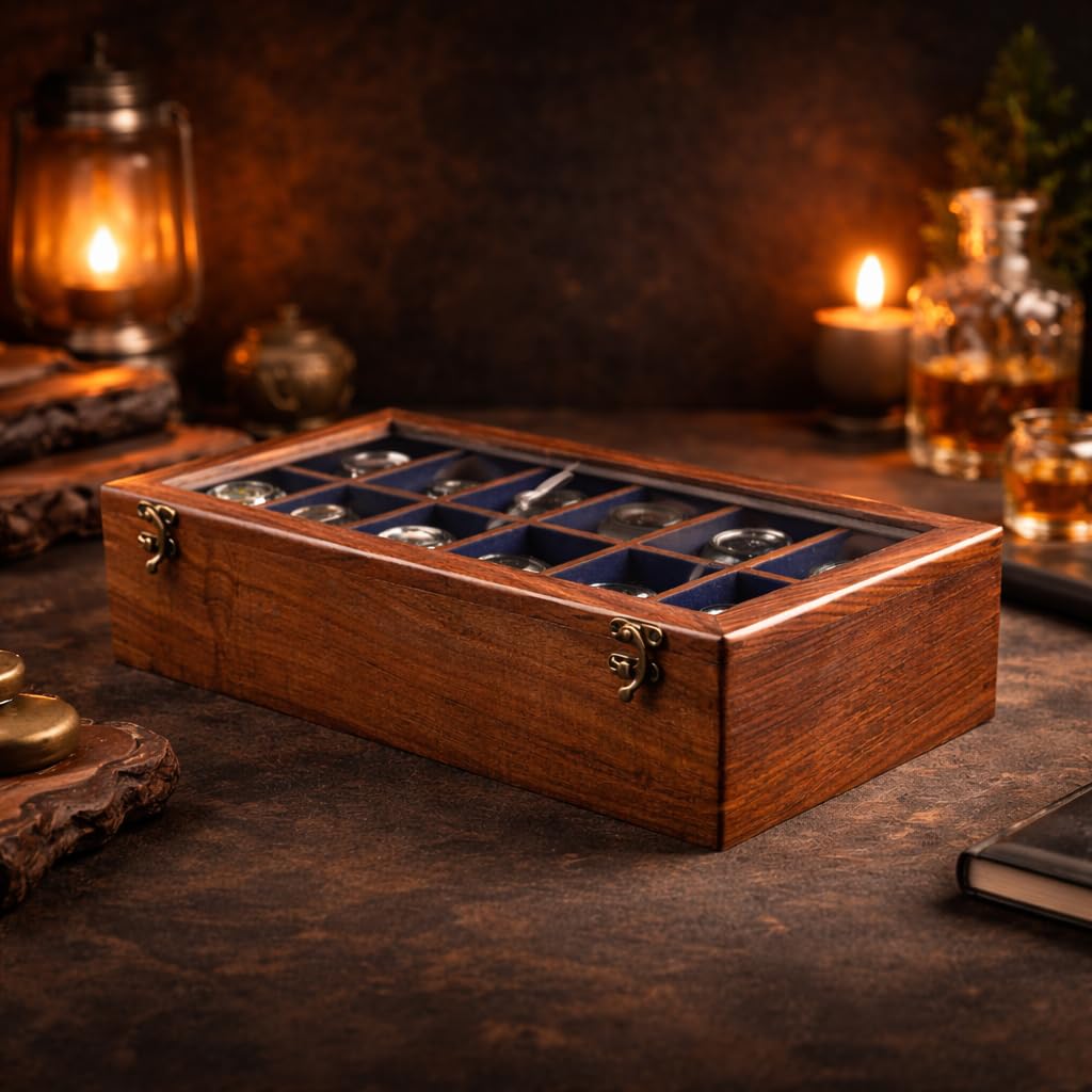 Royal Craft Expertise Indian Long-Lasting Wooden Watch Case – Luxury Organizer for 12 Large Men's & Women's Wrist watches – Superior Rosewood Velvet-Lined Glass Display Box - Best gift for him