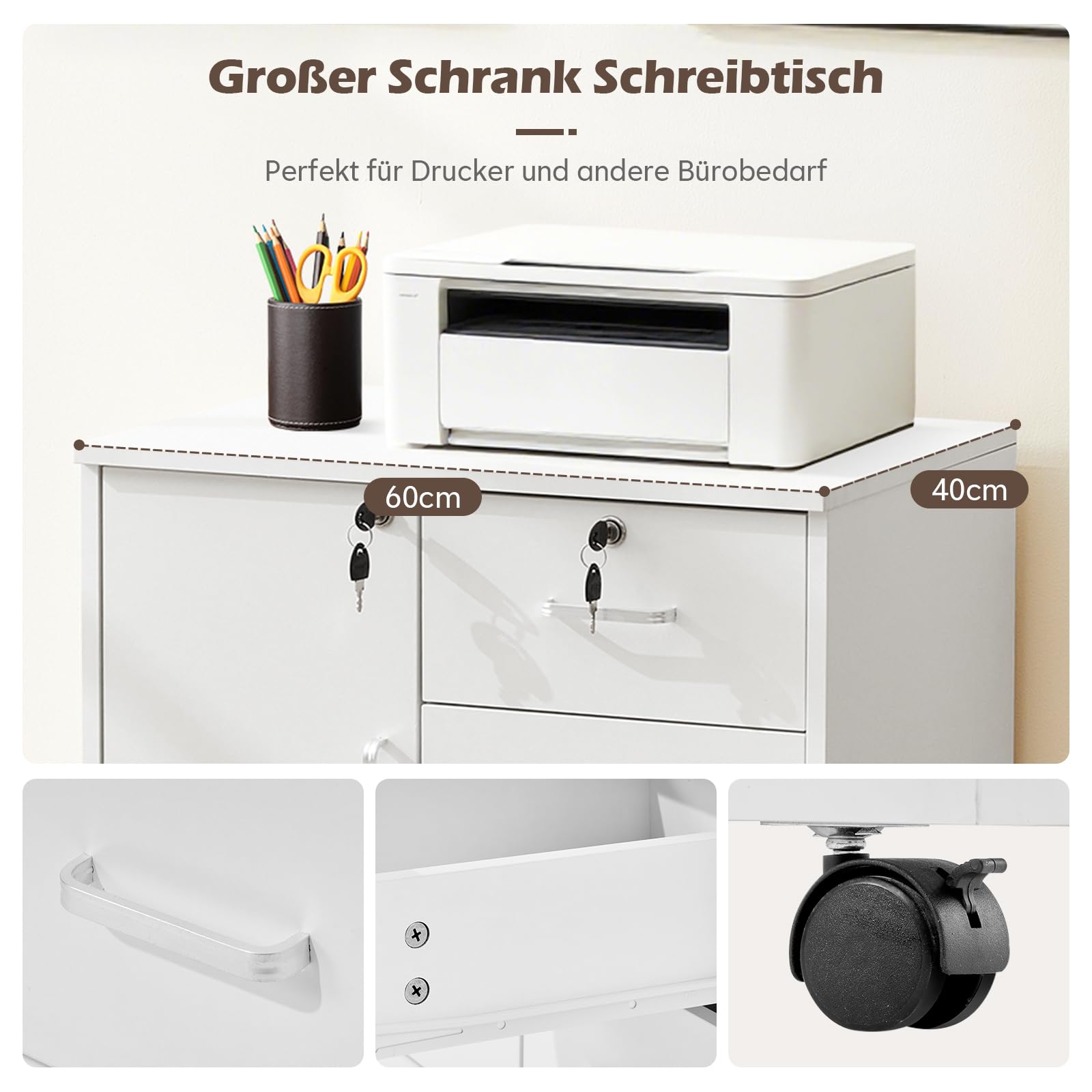 TUKAILAI Rollcontainer Abschließbar, Mobiler Aktenschrank mit 3 Schubladen und Schrankfach, 4 Rollen, Schubladenschrank für Büro und Home Office, Weiß