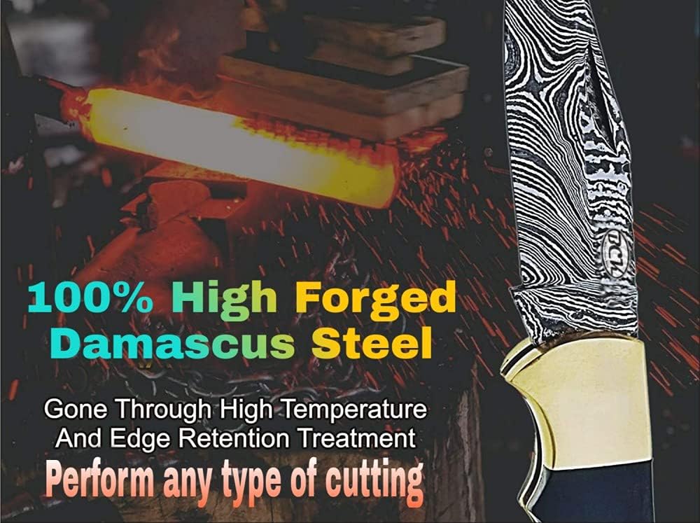 BCK Pocket Knife 4 Pcs Set 6.5" Handmade Damascus Folding Knife Back lock knife Damascus Hunting Knife with Sheath Damascus Pocket Knife for men 100% Prime Quality camping Knife (Orange)