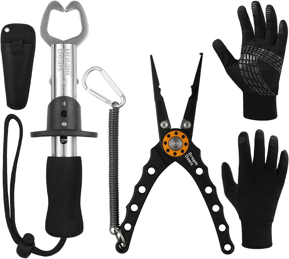 Dreamdeals Fishing Tools Set Aluminium Alloy Split Ring Pliers for Hook Removal, Fish Gripper and Water-Repellant Fishing Gloves - The Perfect Gear for Freshwater, Saltwater, Fly or Ice Fishing