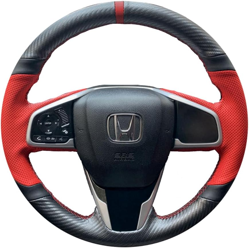 Black Matte Carbon Fiber Red Perforated Leather Auto Steering Wheel Cover Hand-Stitch on Protector Wrap for Honda Civic 2016-2021/CR-V 17-21/Clarity 16-18/Breeze 20-21/Crider/Envix 19-20