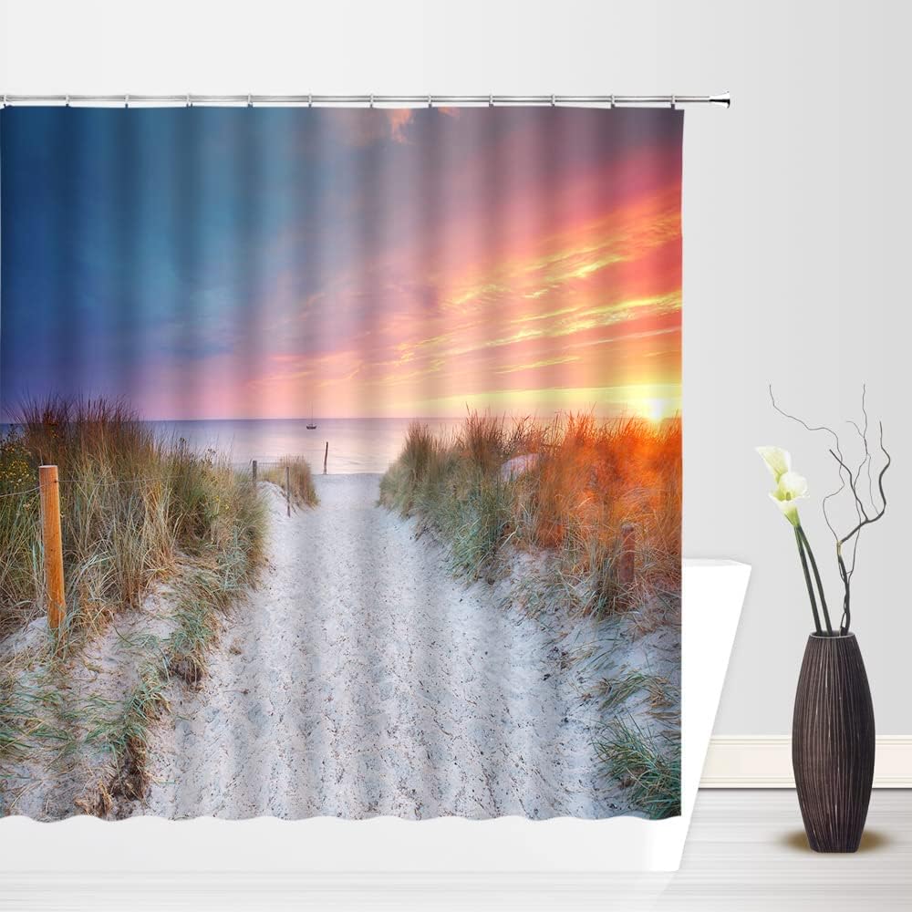 Ocean Sunset Shower Curtain Tropical Sea Beach Sunrise Costal Seaside Exotic Sky Peaceful Nature Scenery Bathroom Decor Fabric Curtain with Hooks