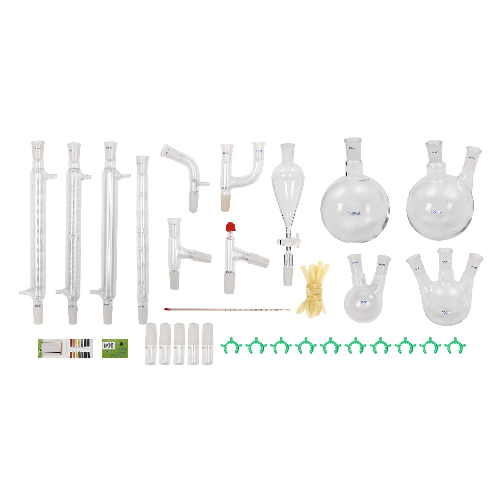 250-1000ML Laboratory Glassware, 32Pcs Lab Chemilcal Distillation Apparatus 24/40 Joints Glass Organic Lab Glassware Kit w/Round Bottom Flask for Distillations Separation Purification