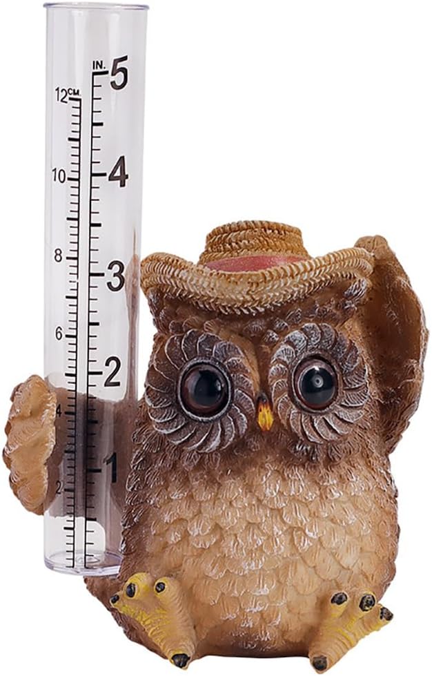 Rain Gauge with Owl Figurine Rain Collector Decorative Outdoor Owl Statue Decor Garden Statue, Weather Rainfall Gauge Analysis for Garden, Deck, Patio & Lawn