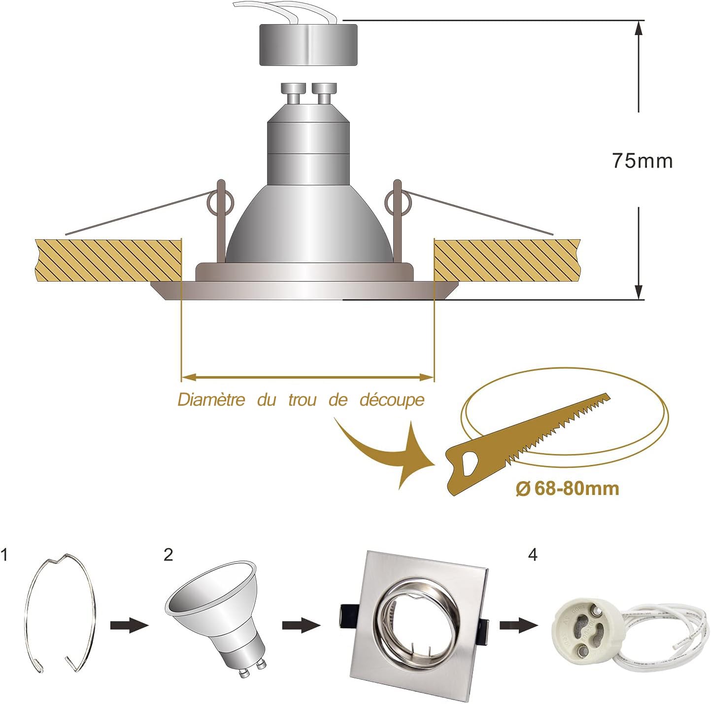 Cadre Spot Encastrable GU10 Inox Carré Orientable 30°pour Spot Led Encastrable 68mm Avec Douille GU10 pour Ampoules LED,MR16 ou Halogènes,Plafond Set 20