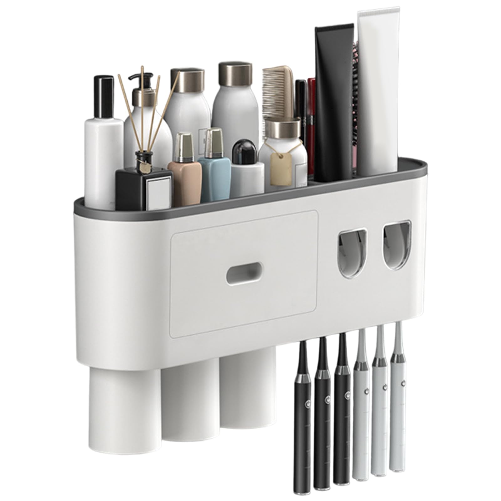 Dispensador automático de Pasta de Dientes con 3 Tazas, Soporte para cepillos de Dientes montado en la Pared, Organizador de baño sin Taladro, Estante de Almacenamiento de ABS Gris