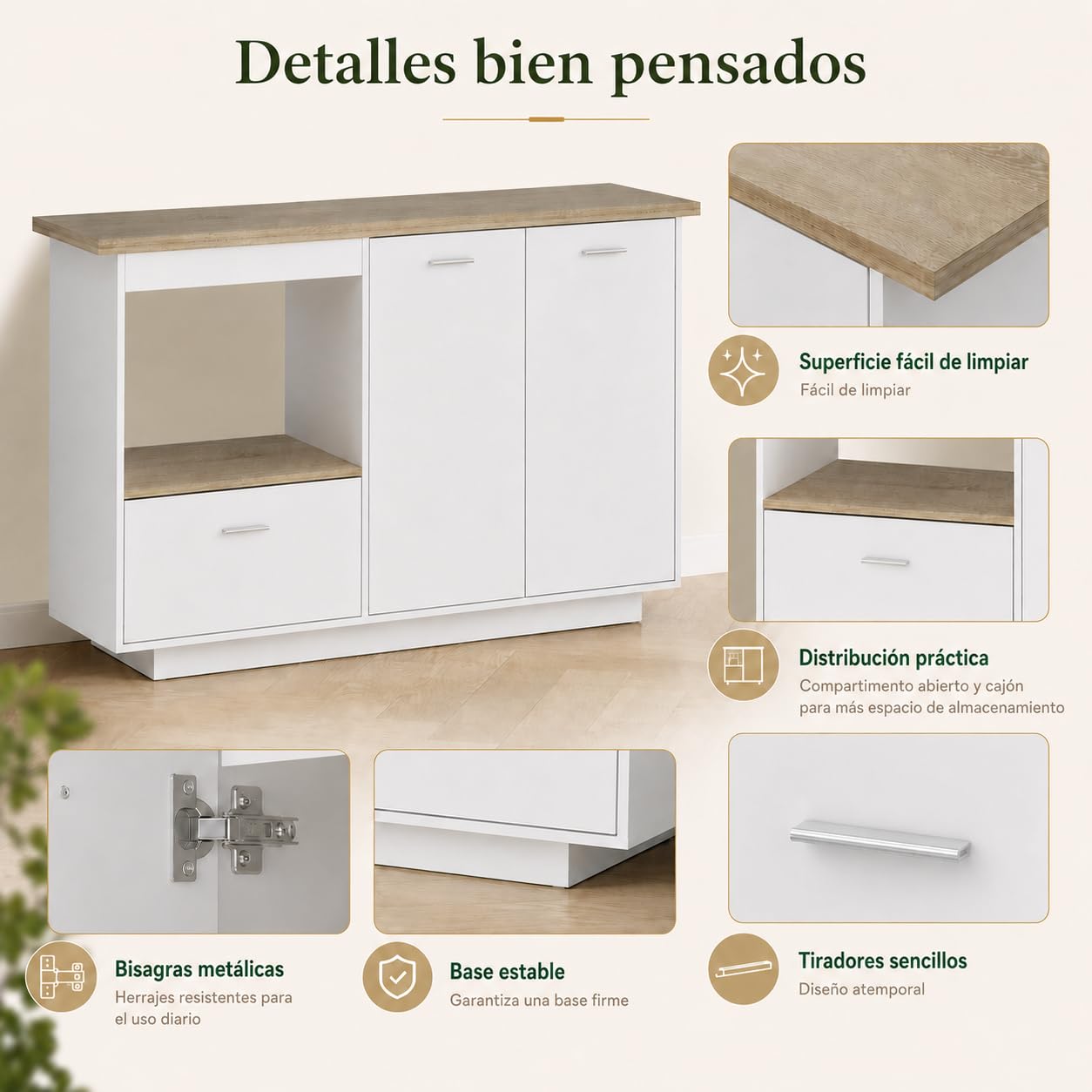 Isla de Cocina Blanca 150cm con Encimera – Buffet de Cocina con Barra de Desayuno, Cajón, 2 Puertas & Vinoteca Abierta – Mueble Buffet para Cocina & Comedor, 150×91×80cm