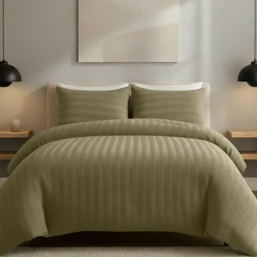 AHS - Double Sage Green Seersucker Duvet Set Cover With Pillow Case - Multiple Sizes - Complete Bedding Set - Ultra Soft Brushed Microfiber - EasyCare & Machine Washable — image 1