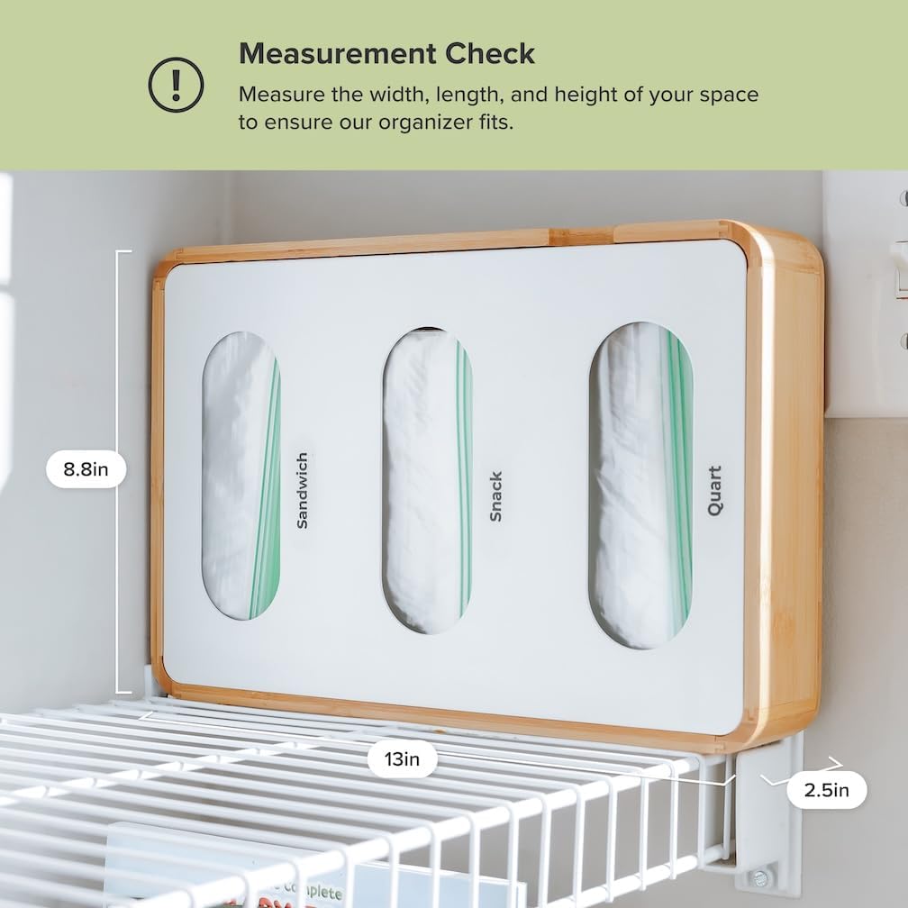 Premium Ziplock Bag Organizer – Kitchen Edge 3-Slot Bamboo Organizer with White Metal, Fits Snack, Sandwich & Quart Bags, Magnetic Top, Non-Slip Base, Wall Mountable, 8.7in x 13in x 2.5in