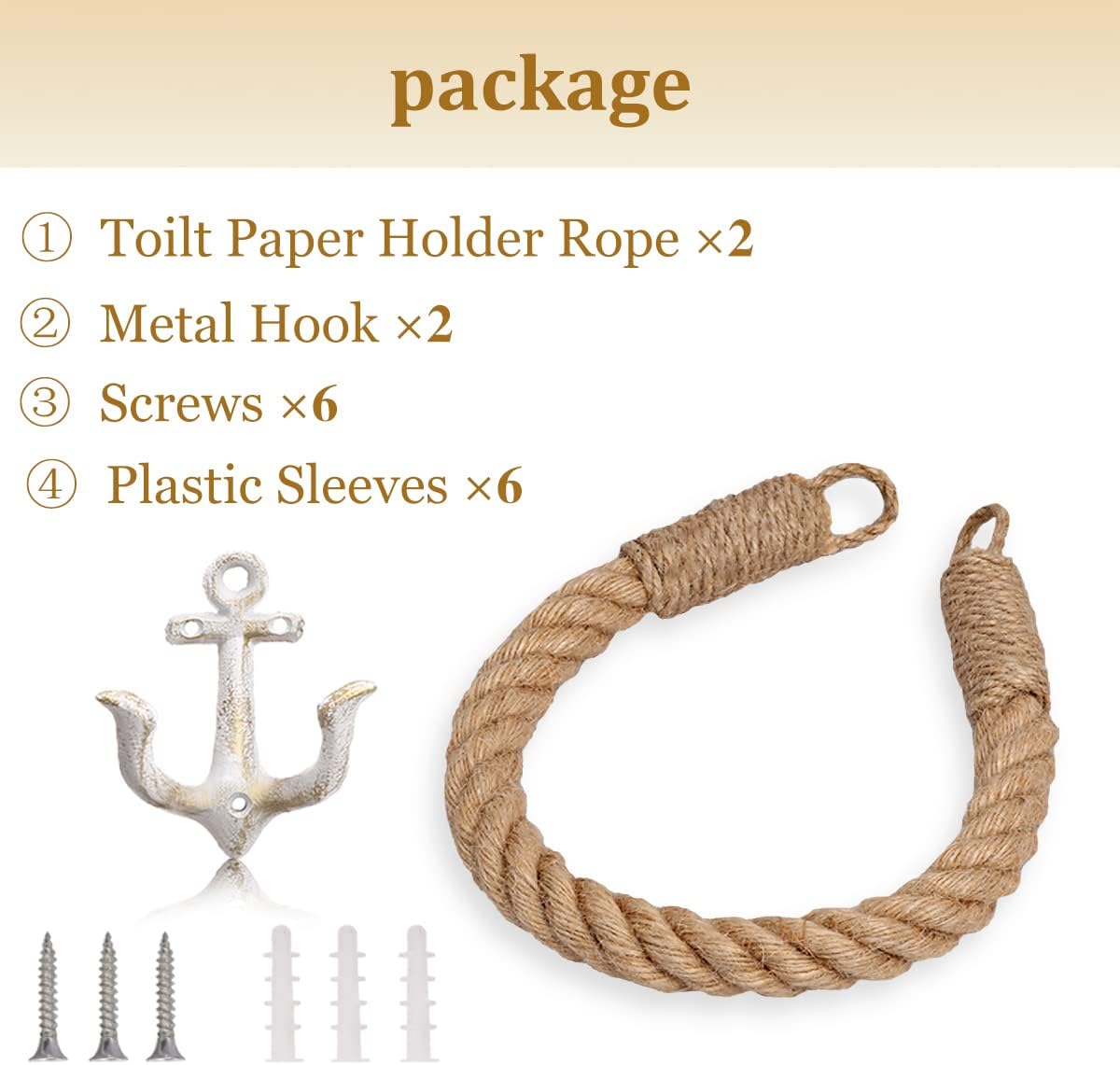 2 Pcs Nautical Toilet Paper Holder Rustic-Industrial Wall-Mounted Nautical Toilet Paper Towel Ring with Metal Hook for Bathroom Decor(White+White)