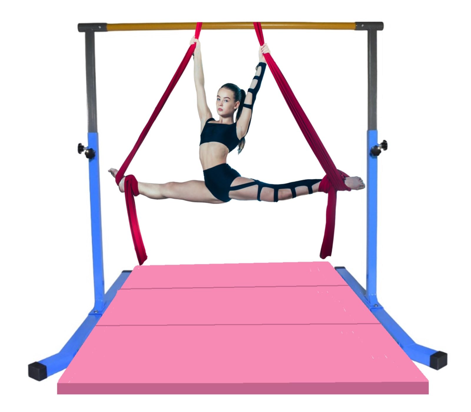 ToyKraft Gymnastic Bar and Gymnastic Mat Combo Set, Expandable Height 3 Ft to 5 FT, Premium Kip Bar for Kids and Teens, Horizontal Bar for Girls and Boys with Mat, Home Gymnastics Equipment (Blue)