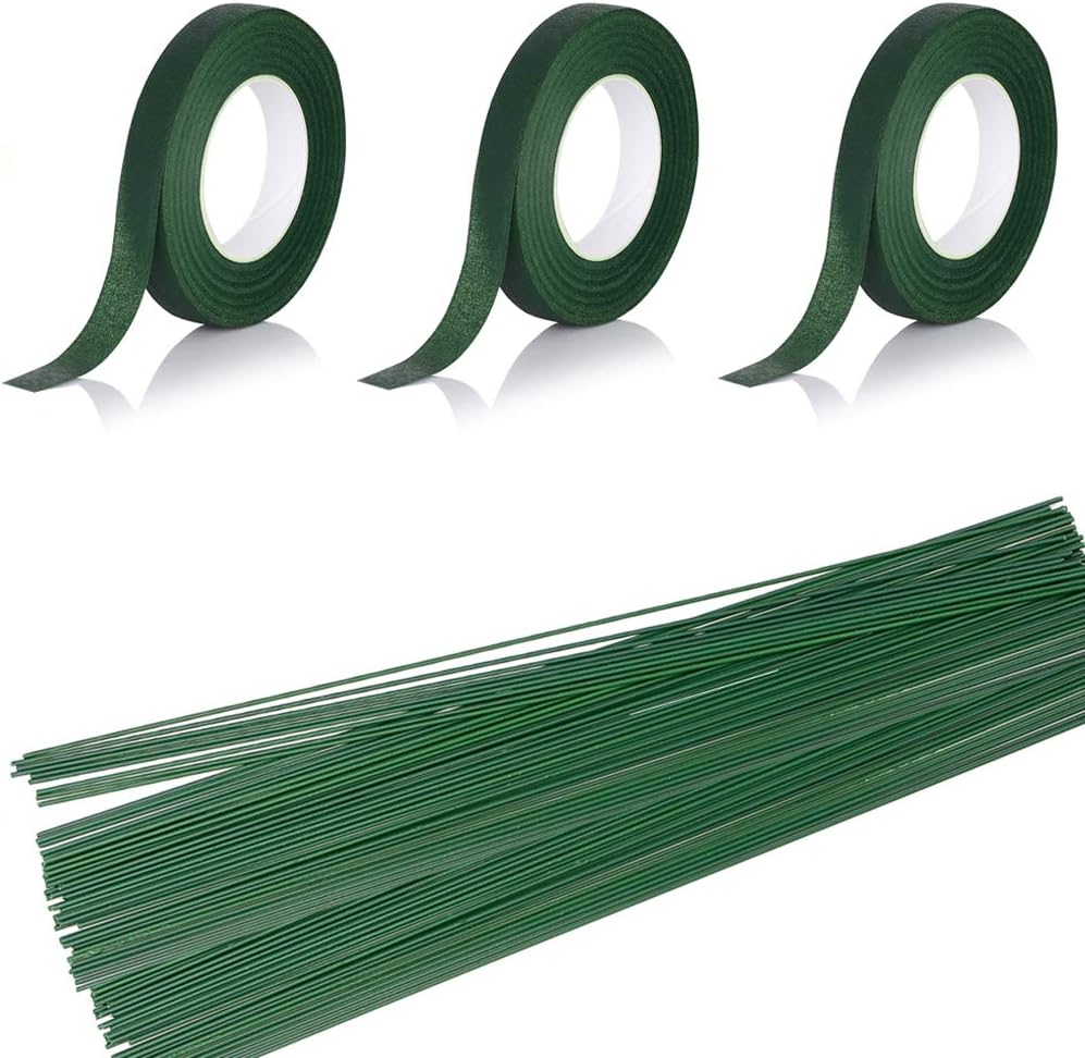 3 Rolls Flower Paper Tape with 50 Pieces Floral Stem Wire 14.6 Inch for Bouquent Stem Wrapping and Crafts, Dark Green