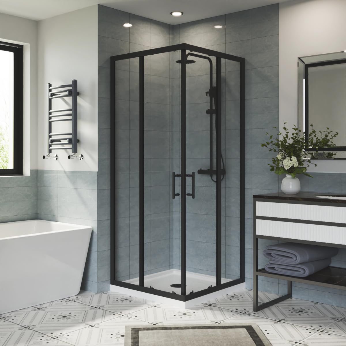 Aquariss 800x800mm Black Shower Enclosure and White Shower Tray Waste