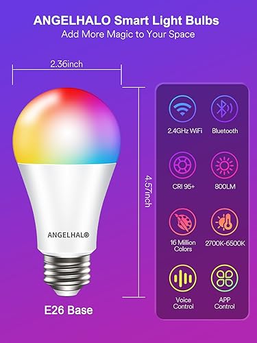 Miniatura 2 de ANGELHALO Bombillas inteligentes, bombilla LED A19 que cambia de color, funciona con Alexa y Google Assistant, bombillas Wi-Fi y Bluetooth, 16