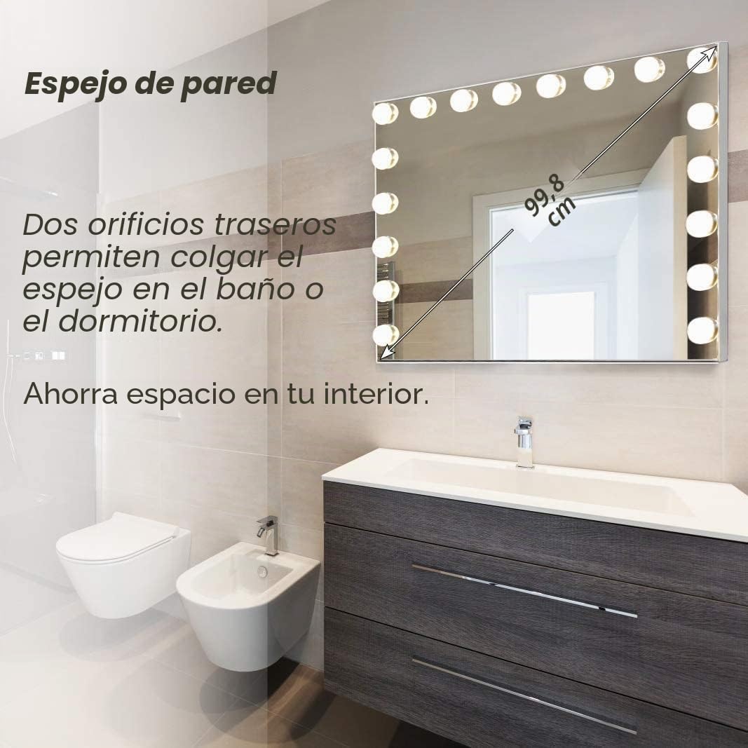 Hansong Hollywood - Espejo con Bluetooth (80 x 60 cm, con 18 Bombillas LED, Espejo, 3 Colores