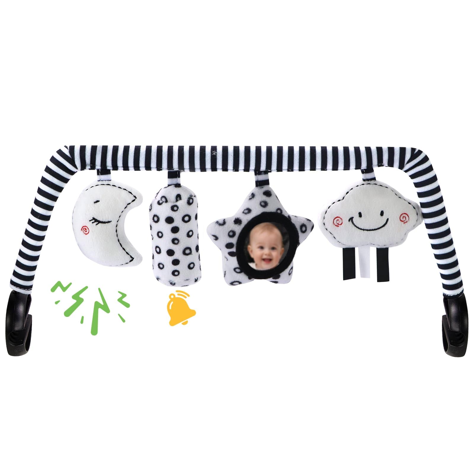TinlyFinly Baby Bouncer Toy Bar Soft with 4 Hanging Sensory Toys Attachment, Compatible with Baby Bjorn Bouncer, with Mirror, Rattle, Crinkle Sound for Babies All Ages (Black and White Shapes) - 1