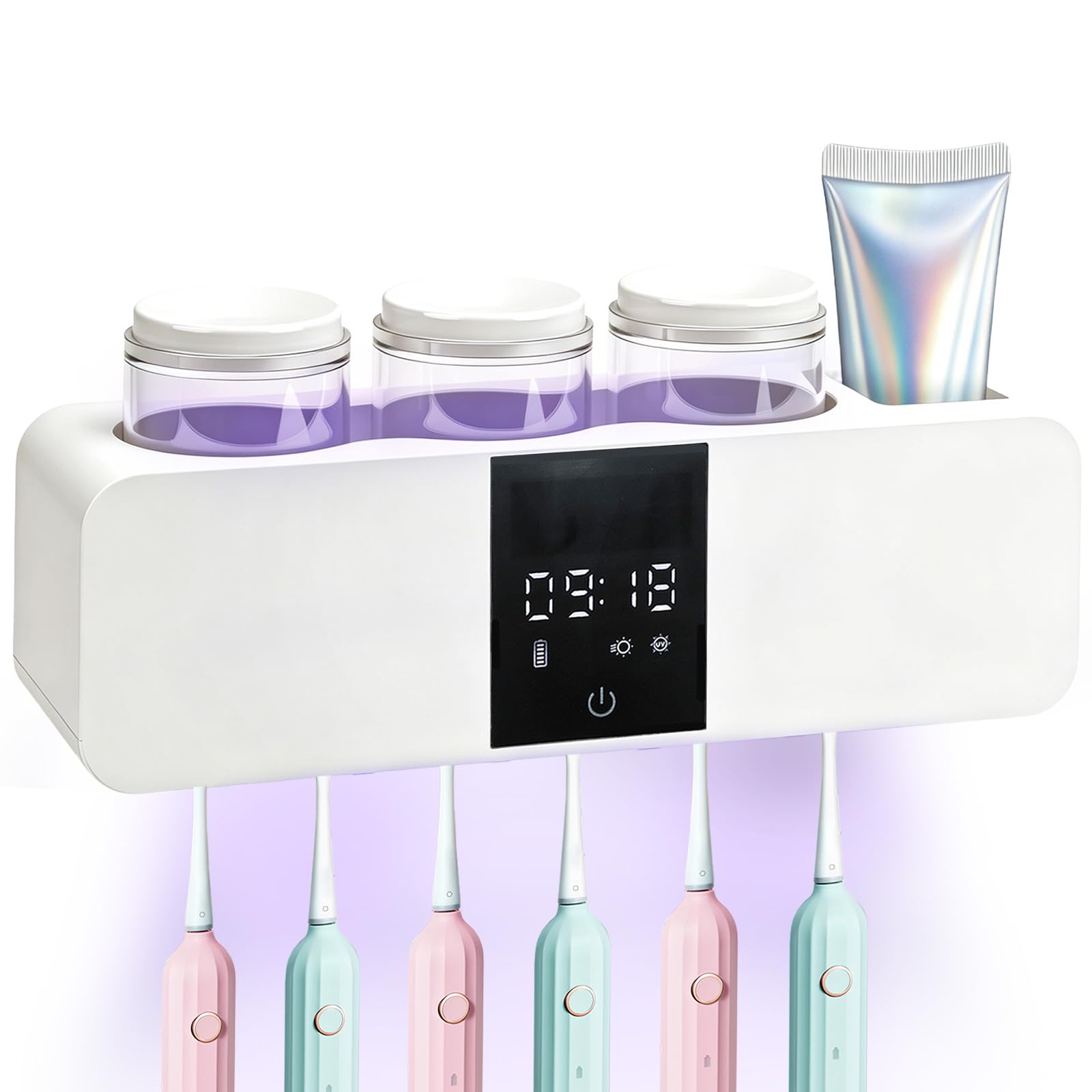 Sterilizzatore Portaspazzolino UV, Supporto per Spazzolini da Denti a Parete Porta Elettrico con Asciugatura e Disinfezione Portaspazzolino da Parete Senza Foratura con 6 slot e 3 tazze，Bianco