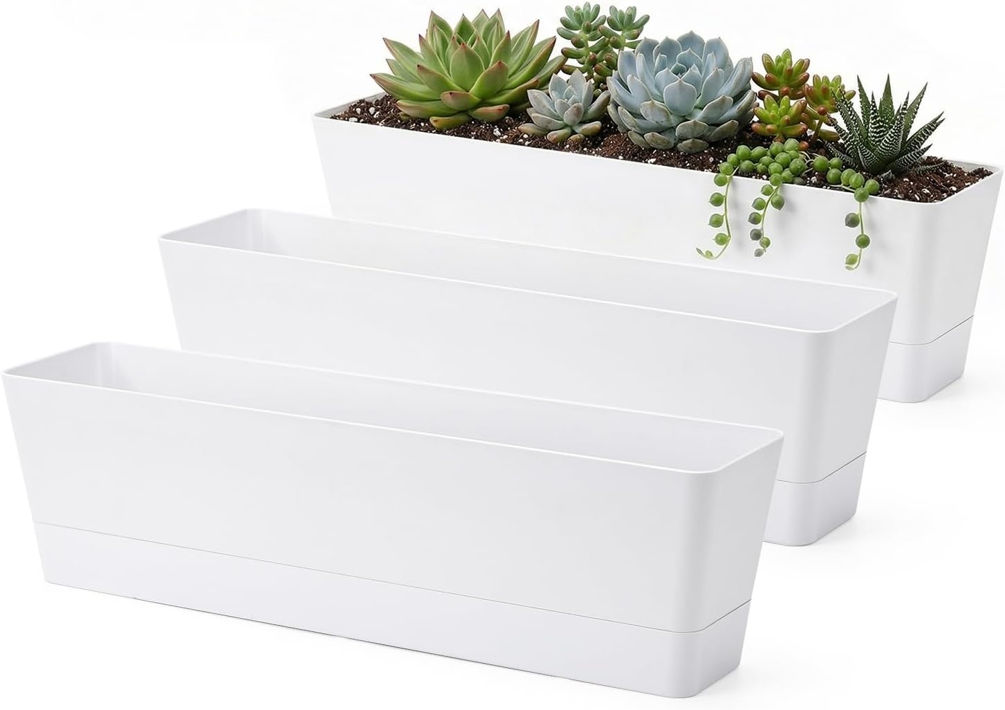 GREANER Window Boxes Planters, 3PCS 16x3.8 Inch Large Herb Planters with Tray, Indoor Succulent Cactus Flowers Vegetable Plastic Rectangle Pots for Balcony, Office, Garden, Outdoor, Windowsill (White)