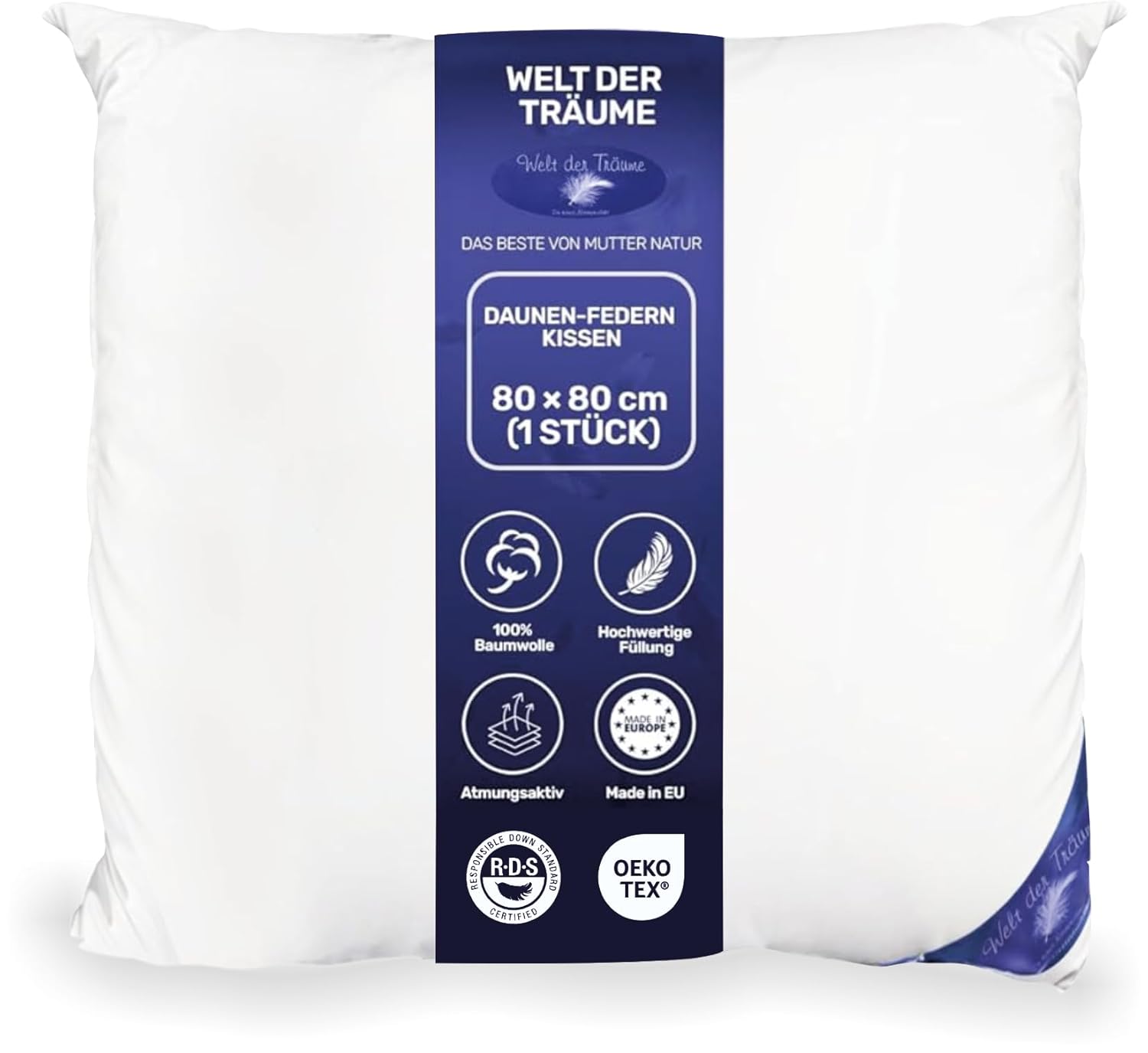 1 Stück Daunenkissen | 3 Kammer Kopfkissen | Dreikammerkissen 80×80 cm | Füllgewicht: 1400 Gramm | 100% Baumwollbezug | Kopfkissen 80×80 Daunen |…