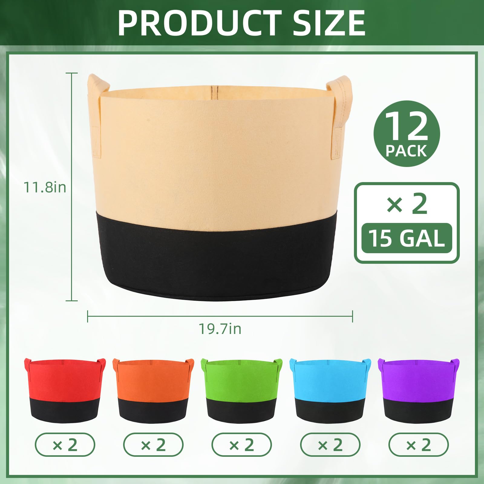 Lot de 12 sacs de plantation de 60 l avec poignées, sac de plantation coloré en feutre pour pommes de terre, tomates, légumes, fleurs, plantes, 15 gallons, 60 l