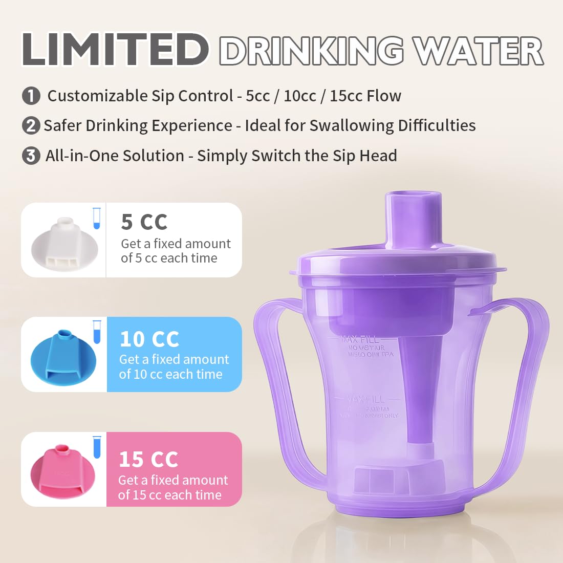 Gobelets pour dysphgie pour avaler et troubles des personnes, tasse provale 5 CC ou 10 CC de liquide à chaque fois, empêche l'étouffement en cas de dysphagie (violet)