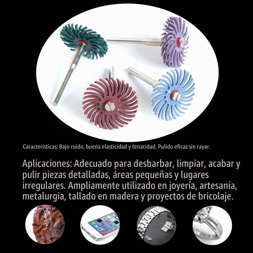 FPPO XFYL50T - Discos de cerdas radiales de 2,5 cm con varilla de 3 mm para herramientas giratorias, rueda abrasiva al por menor para joyas, madera, metal, muela de cerdas con grano 80-2500