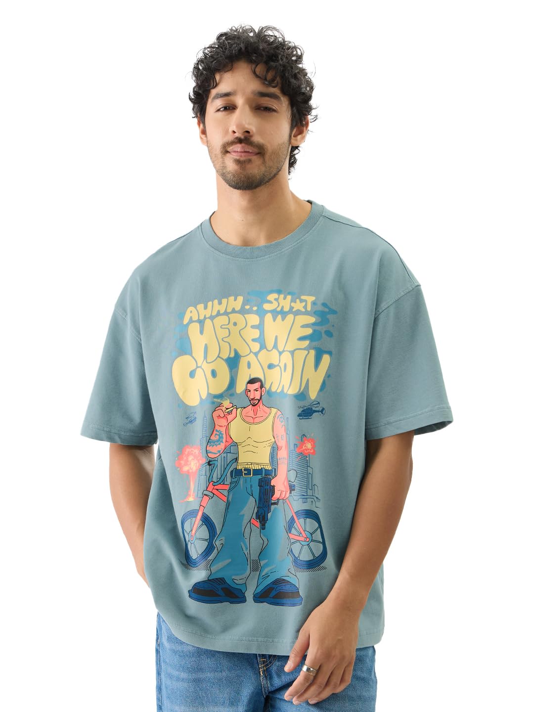 The Souled StoreHere We Go Again Men and Boys Short Sleeve Round Neck Green Graphic Printed Cotton Oversized T-Shirts