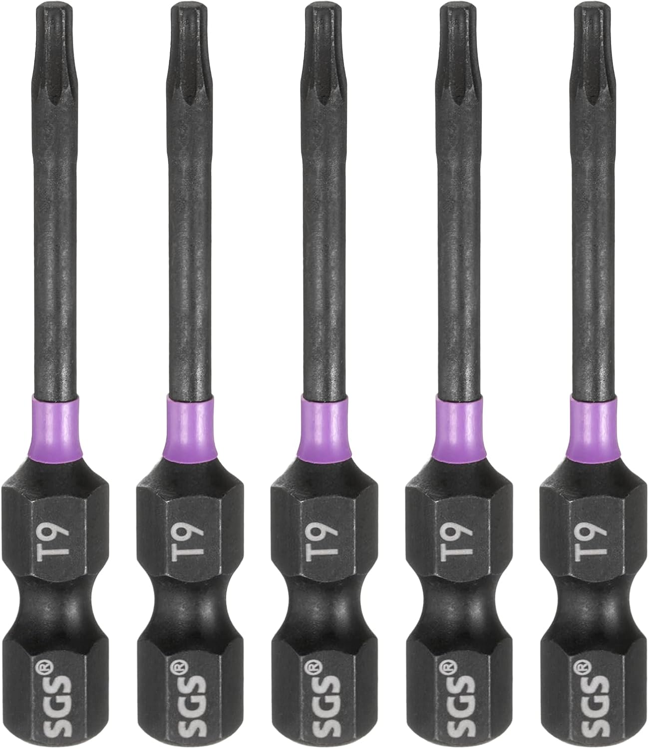 HARFINGTON 5pcs T9 Torx Head Impact Screwdriver Bits 1/4" Hex Shank 2" (50mm) Long Magnetic No Hole Tamper Proof 6 Point Star Screw Driver Drill Bits Phosphate S2 Steel Power Tools