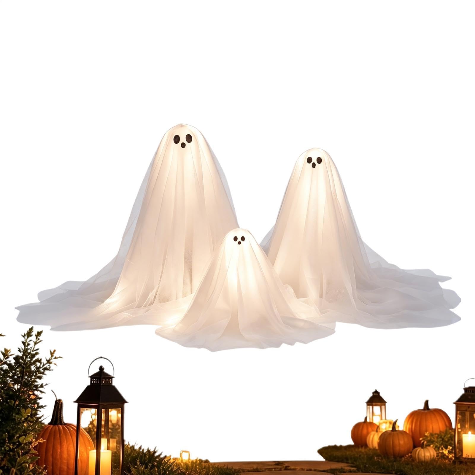 Halloween fantasma 3 pezzi illuminato Halloween Decor | Ghost, luce LED con base in legno, per feste, casa, ufficio, soggiorno, libreria, mensola