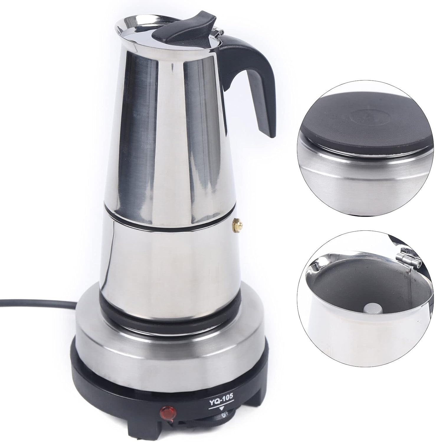 Xuthusman 200ml/300ml/450ml Mocha Coffee Pot+Electric Stove Espresso Coffee Maker Stainless Steel Stovetop Moka Pot,4/6/9cups (silver+black，300ml/6 Cups)