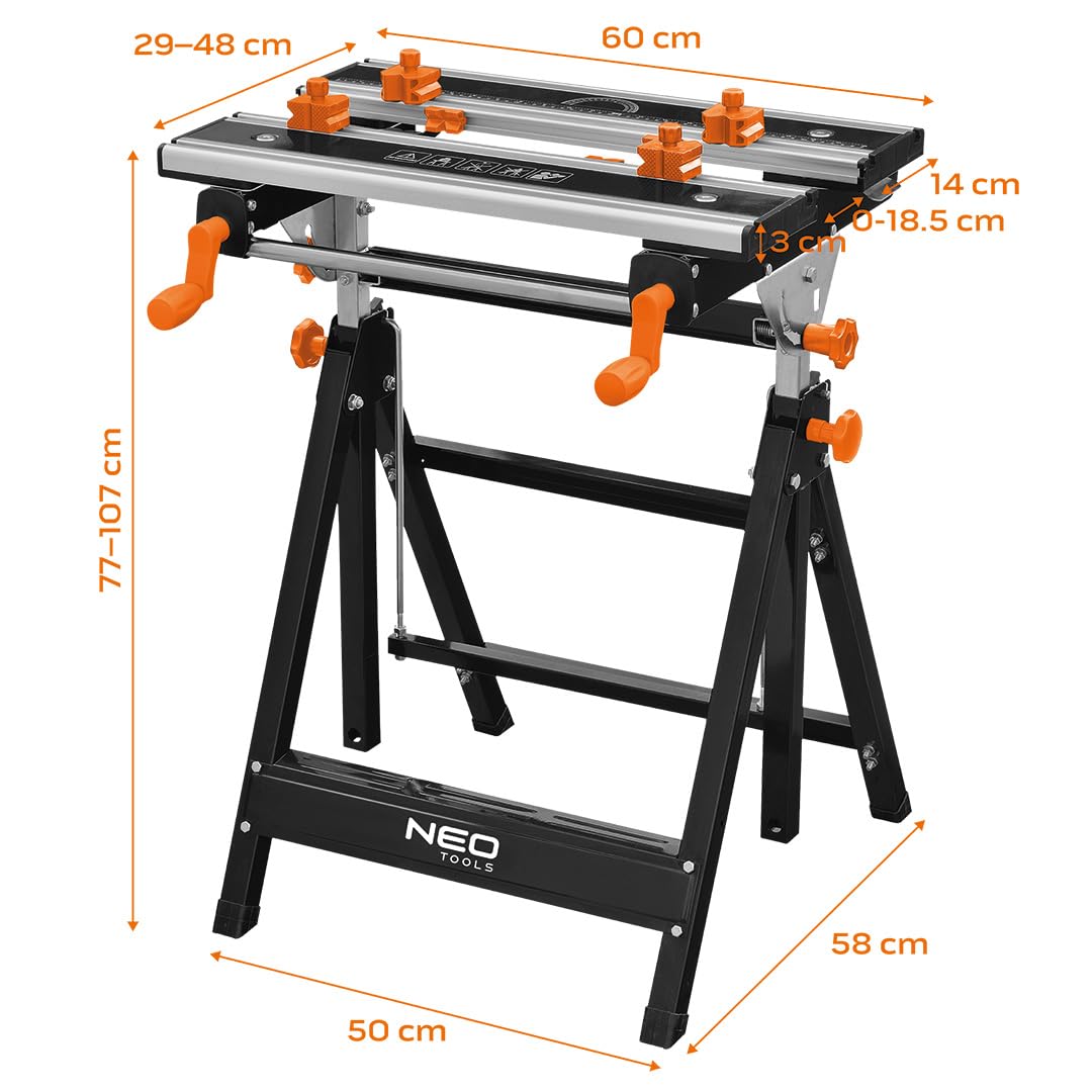 NEO TOOLS Stół warsztatowy i napinający, udźwig 100 kg, duża powierzchnia robocza, skala i kąty, składany, wszechstronny, regulowany / stół warsztatowy ze szczękami napinającymi/stół roboczy