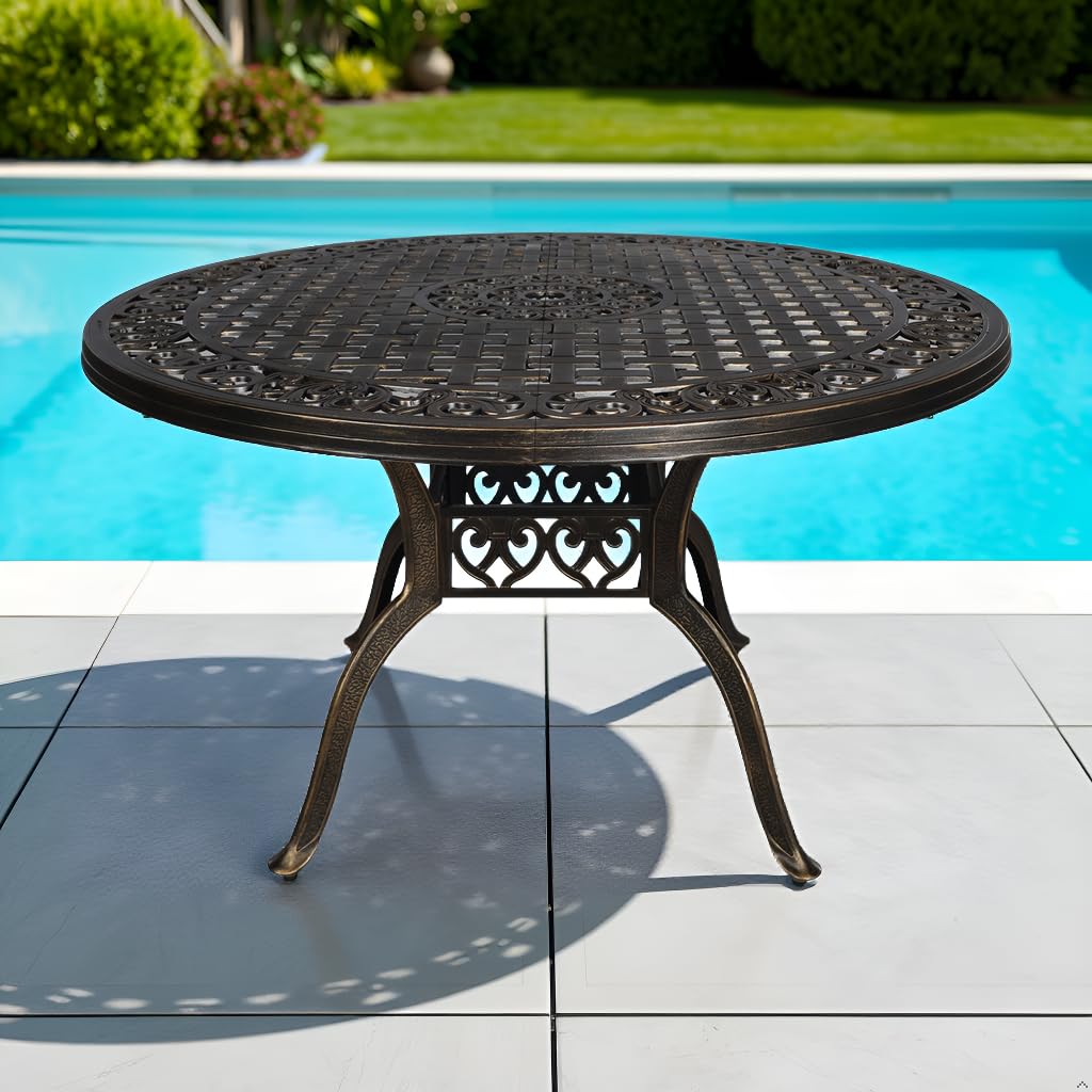 48 Inch Outdoor Dining Table Round Patio Table Powder-Coated Cast Aluminum Frame for Garden with Umbrella Hole (Bronze)