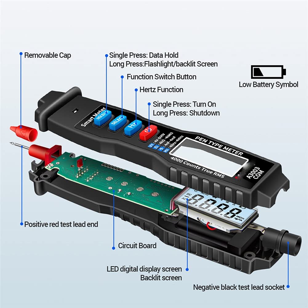 A3003 Digital Multimeter Pen Type 4000 Counts with Non AC/DC Voltage Resistance Diode Continuity Tester Tool(White-Dinosaur Doodle4)