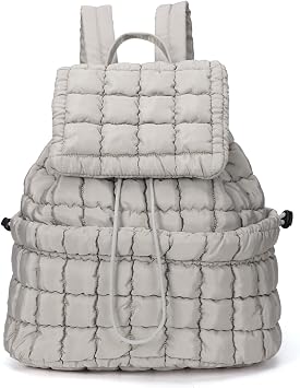 KL928 Quilted Backpack Puffer Padding Pack Top Flap With Drawstring for Women Lightweight Hiker Travel Gym Casual Daypack Grey