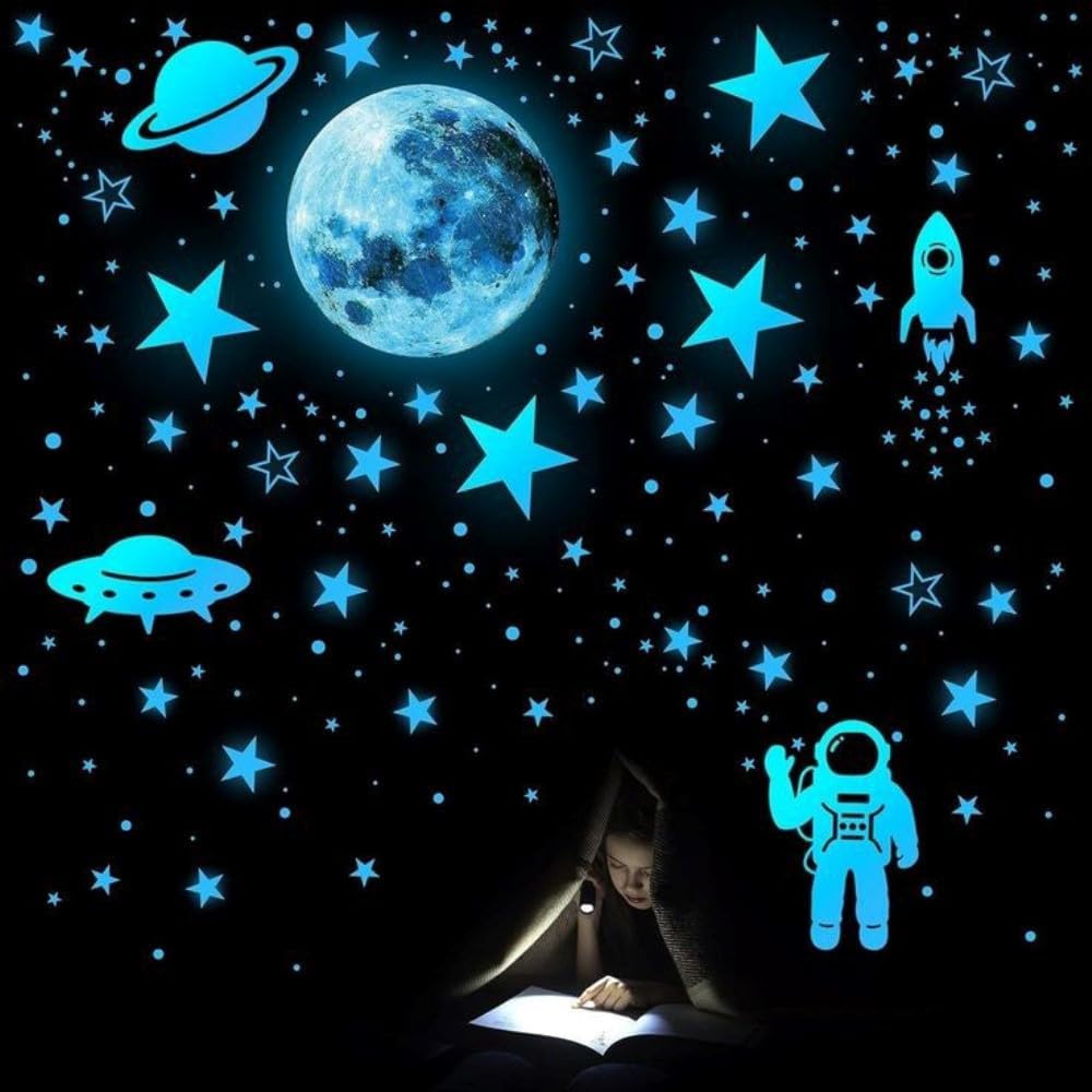 Glow in The Dark Space Wall Stickers for Kids Room – Moon, Stars, Astronaut & Rockets – 300+ Luminous Radium Stickers for Ceiling & Bedroom Decor – Removable PVC Vinyl – Nursery Night Décor Set (Blue)-image-17